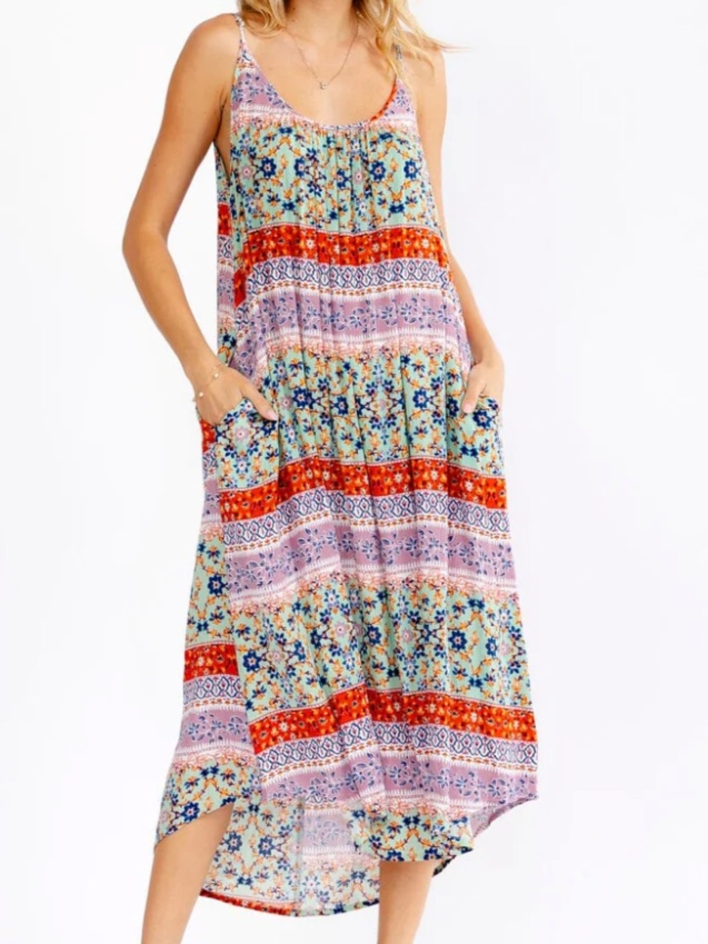 D145 - Floral Patchwork Print Rayon Sun Beachy Dress Boho Adjustable Strap